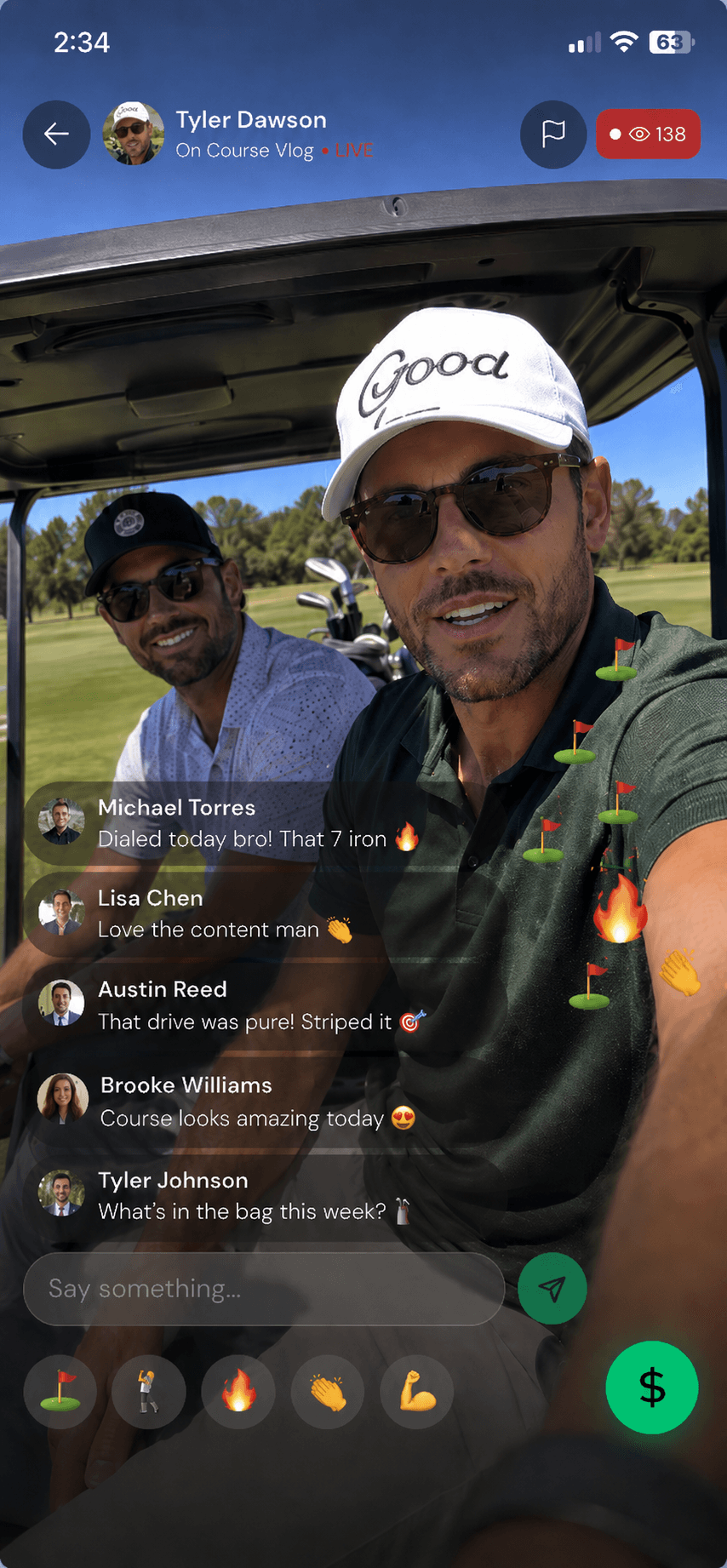 Swingly Live app on iOS — a golf creator streaming an on-course vlog with real-time chat and tips