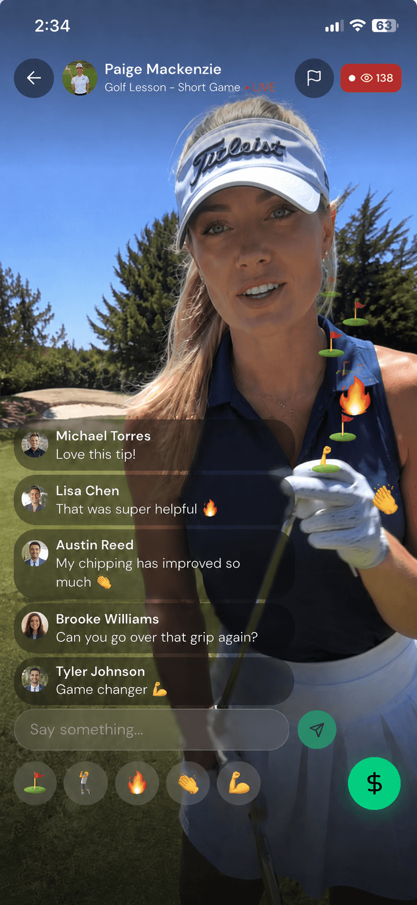 Swingly instructor app on iOS — Paige Mackenzie streaming a live short-game lesson with real-time chat and tips